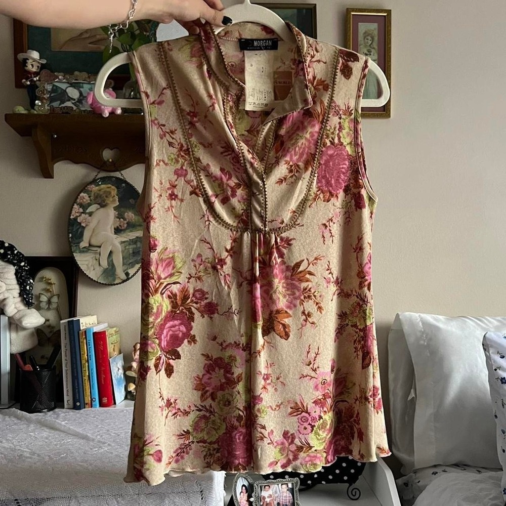 Morgan De Toi Cream Pink Floral Micromesh Tank Top Y2K Vintage - Picture 4 of 5